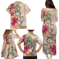 Hawaiian Tropical Flowers and Tribal Turtles Family Matching Puletasi and Hawaiian Shirt Polynesian Art Motifs Beige Color - Polynesian Pride