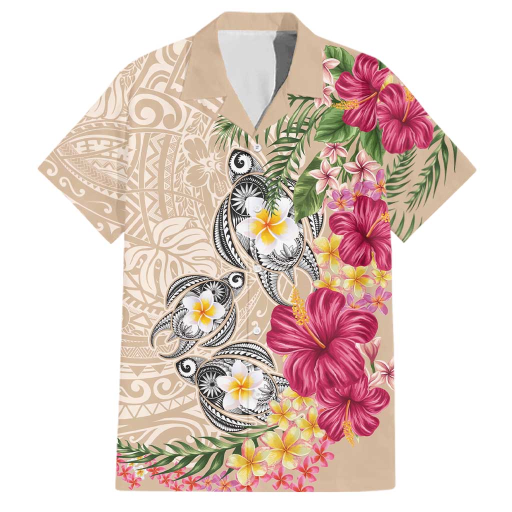 Hawaiian Tropical Flowers and Tribal Turtles Family Matching Puletasi and Hawaiian Shirt Polynesian Art Motifs Beige Color - Polynesian Pride