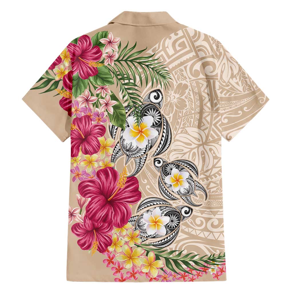 Hawaiian Tropical Flowers and Tribal Turtles Family Matching Puletasi and Hawaiian Shirt Polynesian Art Motifs Beige Color - Polynesian Pride