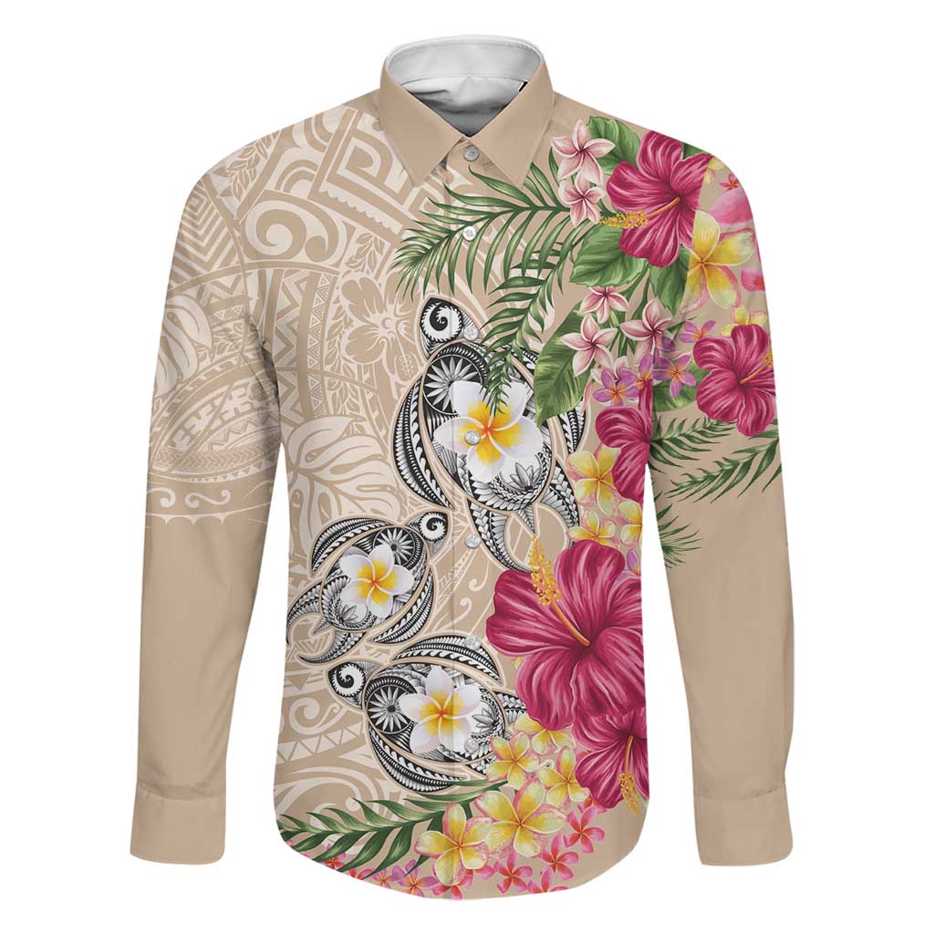 Hawaiian Tropical Flowers and Tribal Turtles Family Matching Puletasi and Hawaiian Shirt Polynesian Art Motifs Beige Color - Polynesian Pride