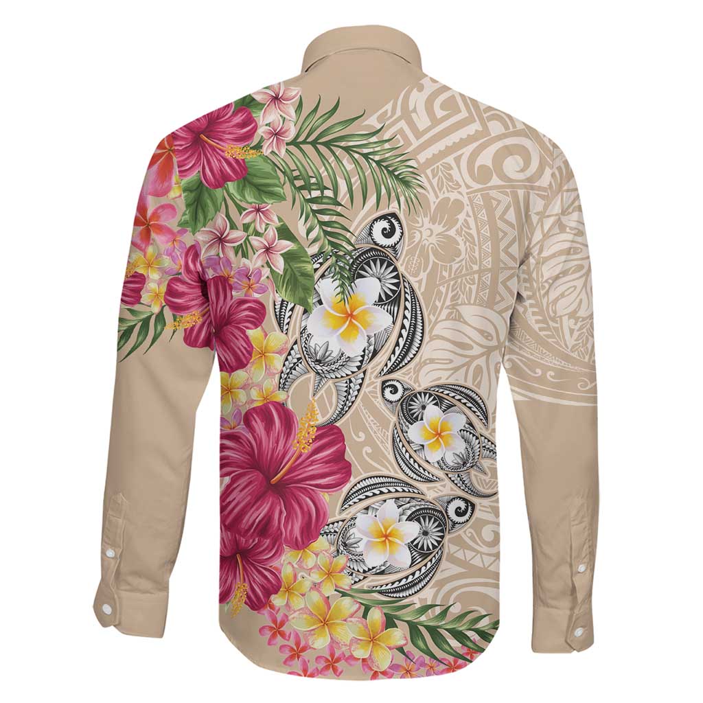 Hawaiian Tropical Flowers and Tribal Turtles Family Matching Puletasi and Hawaiian Shirt Polynesian Art Motifs Beige Color - Polynesian Pride