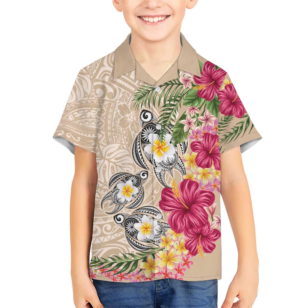 Hawaiian Tropical Flowers and Tribal Turtles Family Matching Puletasi and Hawaiian Shirt Polynesian Art Motifs Beige Color - Polynesian Pride