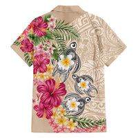 Hawaiian Tropical Flowers and Tribal Turtles Family Matching Short Sleeve Bodycon Dress and Hawaiian Shirt Polynesian Art Motifs Beige Color - Polynesian Pride