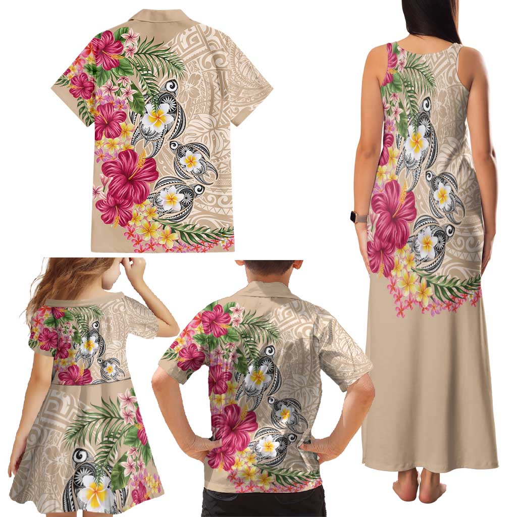 Hawaiian Tropical Flowers and Tribal Turtles Family Matching Tank Maxi Dress and Hawaiian Shirt Polynesian Art Motifs Beige Color - Polynesian Pride