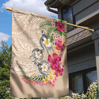 Hawaiian Tropical Flowers and Tribal Turtles Garden Flag Polynesian Art Motifs Beige Color - Polynesian Pride
