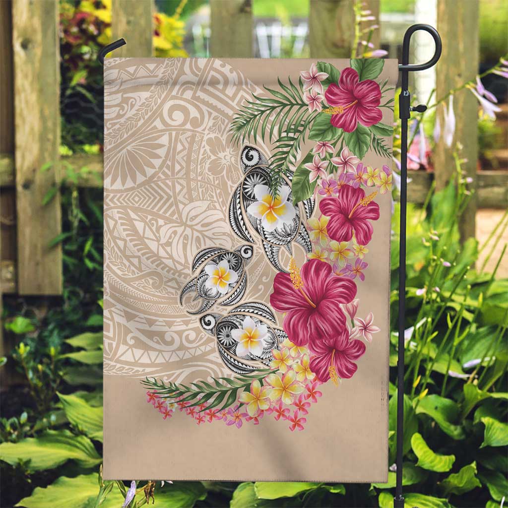 Hawaiian Tropical Flowers and Tribal Turtles Garden Flag Polynesian Art Motifs Beige Color - Polynesian Pride