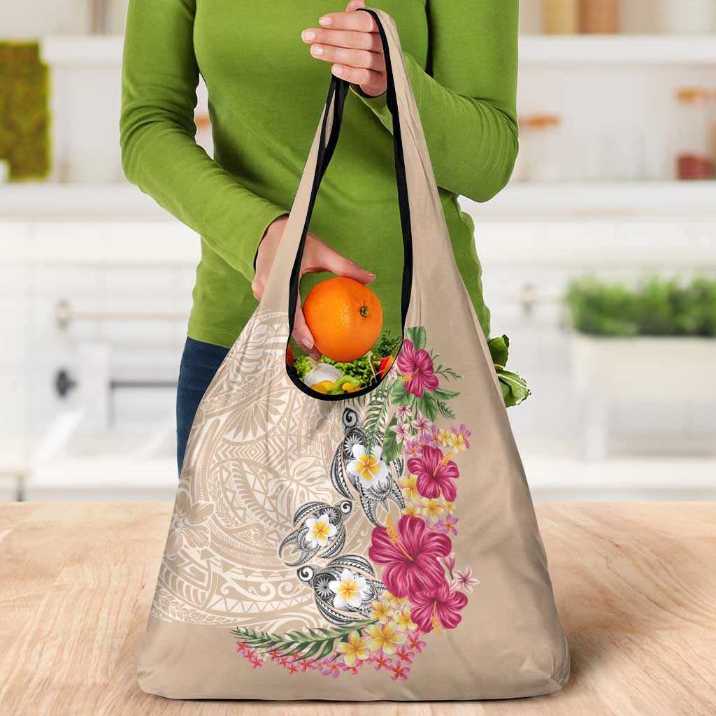 Hawaiian Tropical Flowers and Tribal Turtles Grocery Bag Polynesian Art Motifs Beige Color - Polynesian Pride