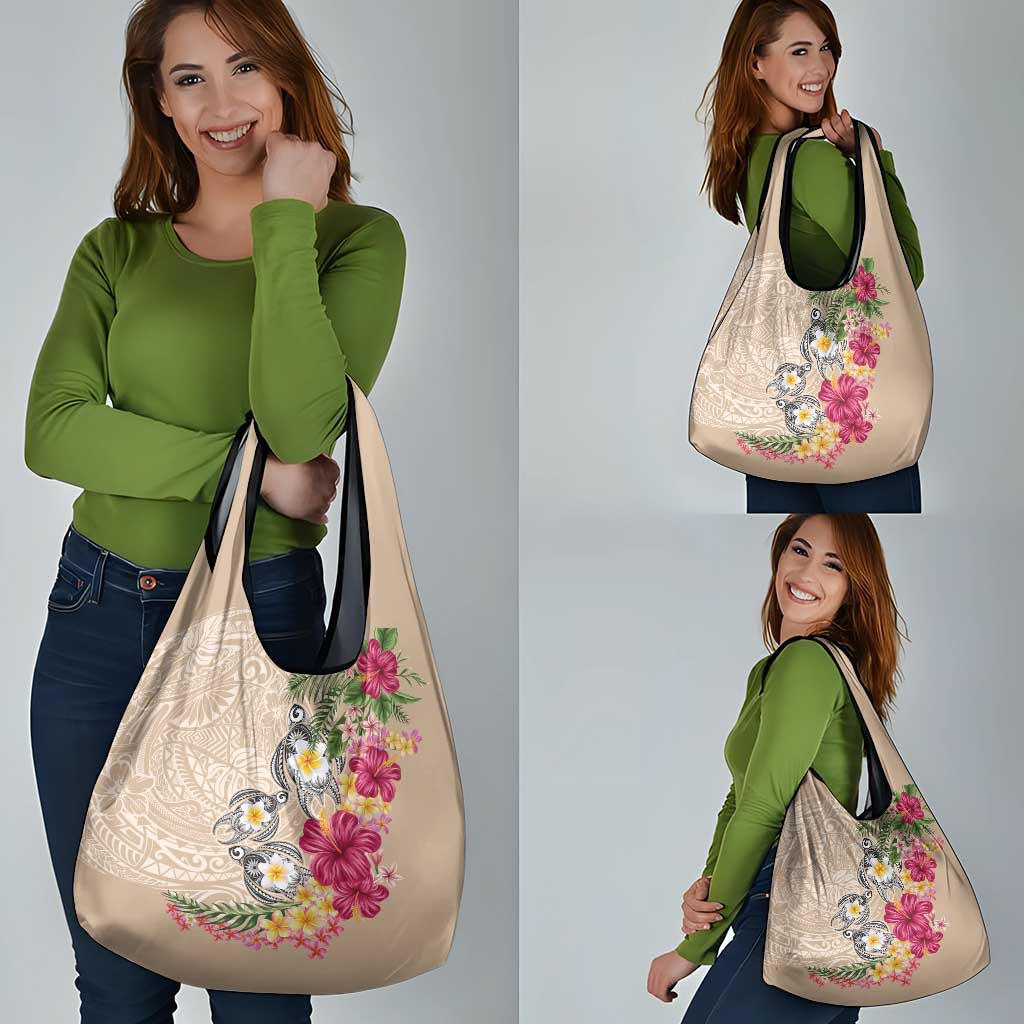 Hawaiian Tropical Flowers and Tribal Turtles Grocery Bag Polynesian Art Motifs Beige Color - Polynesian Pride