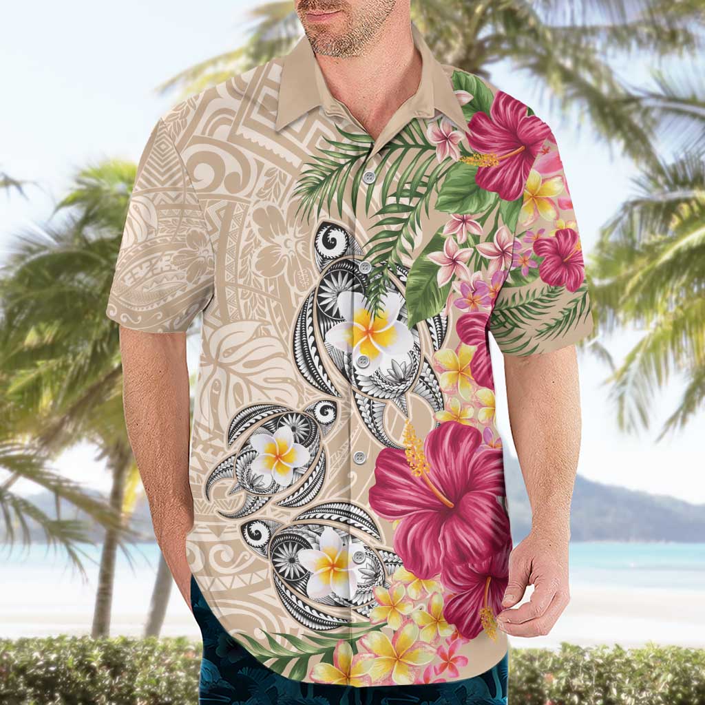 Hawaiian Tropical Flowers and Tribal Turtles Hawaiian Shirt Polynesian Art Motifs Beige Color - Polynesian Pride