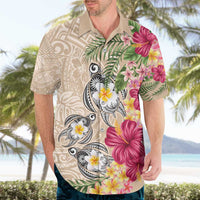 Hawaiian Tropical Flowers and Tribal Turtles Hawaiian Shirt Polynesian Art Motifs Beige Color - Polynesian Pride