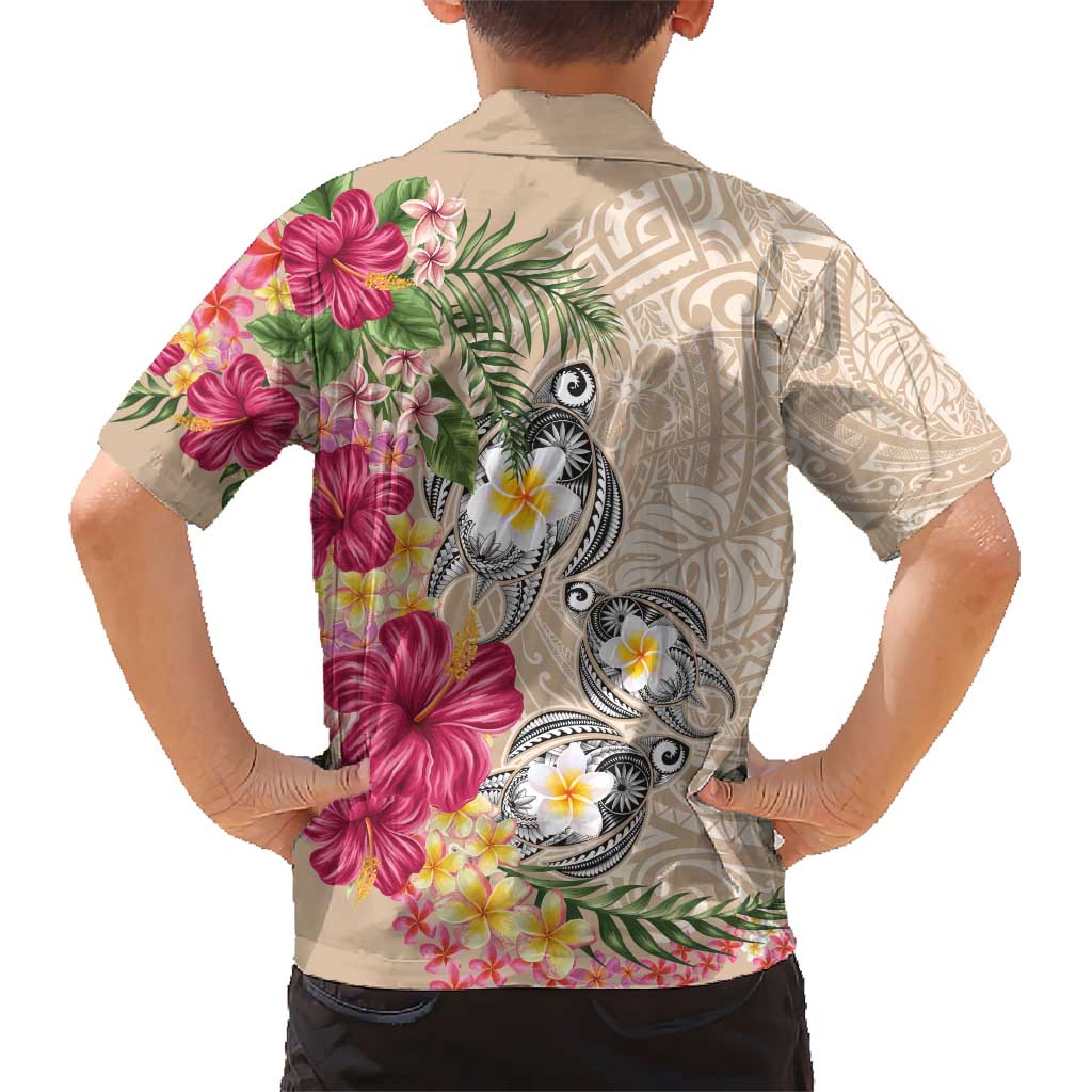 Hawaiian Tropical Flowers and Tribal Turtles Hawaiian Shirt Polynesian Art Motifs Beige Color - Polynesian Pride