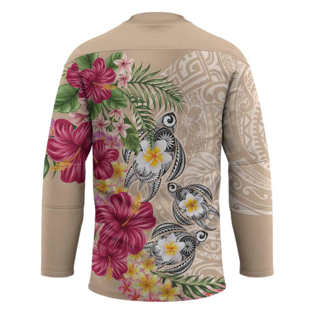 Hawaiian Tropical Flowers and Tribal Turtles Hockey Jersey Polynesian Art Motifs Beige Color - Polynesian Pride