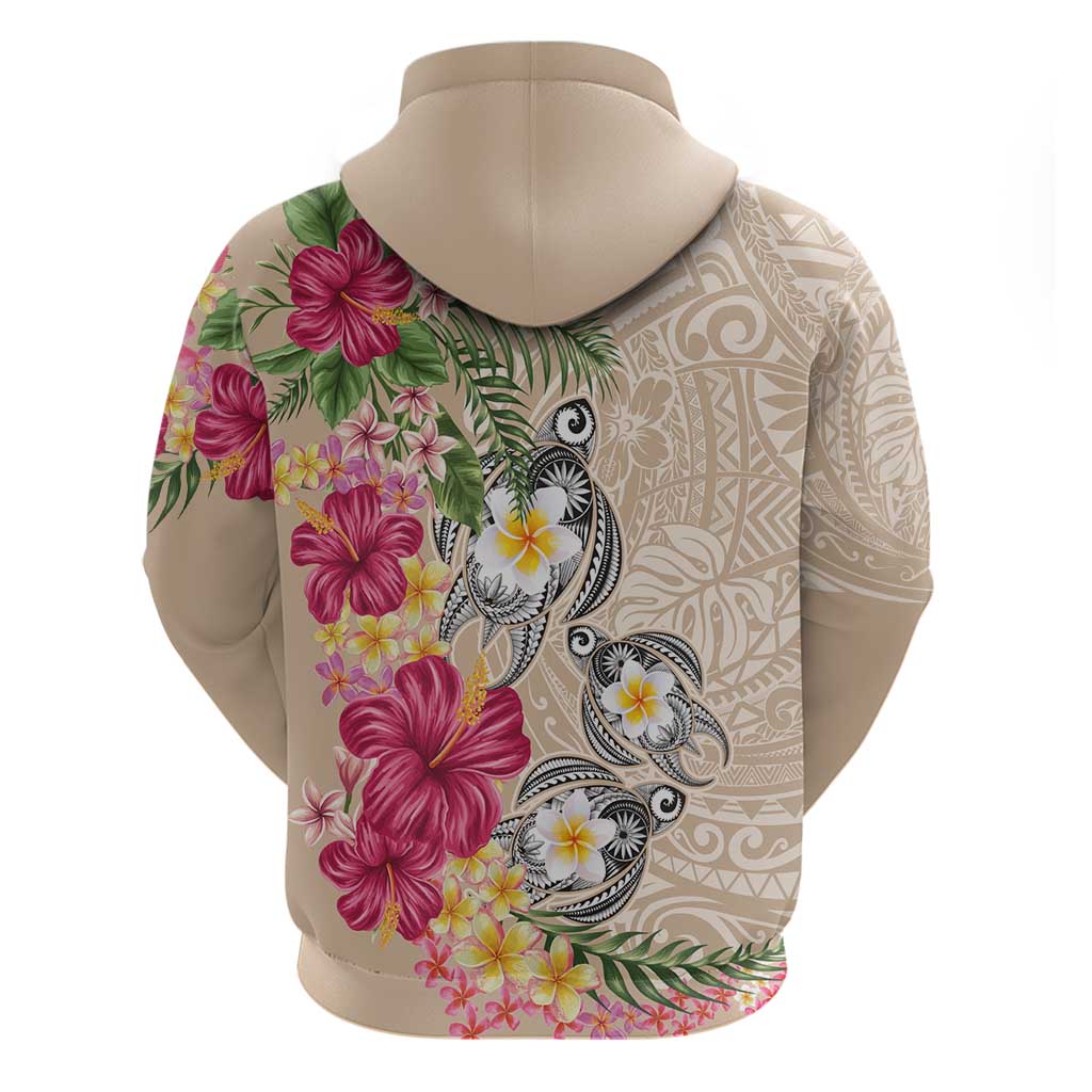 Hawaiian Tropical Flowers and Tribal Turtles Hoodie Polynesian Art Motifs Beige Color - Polynesian Pride