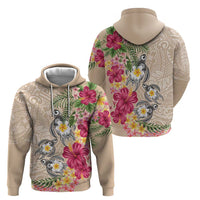 Hawaiian Tropical Flowers and Tribal Turtles Hoodie Polynesian Art Motifs Beige Color - Polynesian Pride