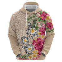 Hawaiian Tropical Flowers and Tribal Turtles Hoodie Polynesian Art Motifs Beige Color - Polynesian Pride