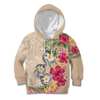 Hawaiian Tropical Flowers and Tribal Turtles Kid Hoodie Polynesian Art Motifs Beige Color - Polynesian Pride