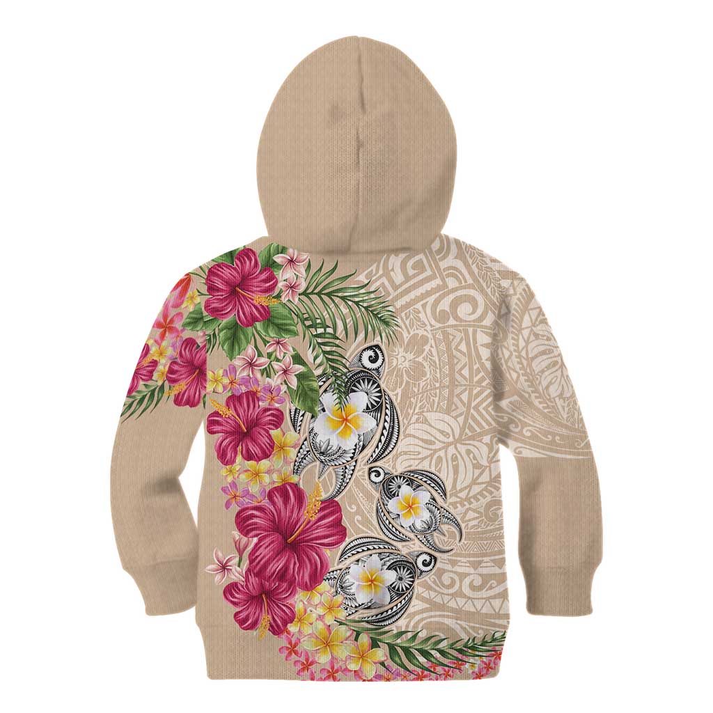 Hawaiian Tropical Flowers and Tribal Turtles Kid Hoodie Polynesian Art Motifs Beige Color - Polynesian Pride