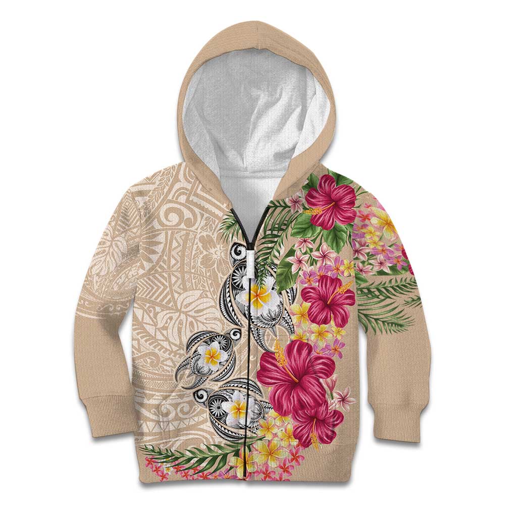 Hawaiian Tropical Flowers and Tribal Turtles Kid Hoodie Polynesian Art Motifs Beige Color - Polynesian Pride