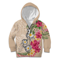 Hawaiian Tropical Flowers and Tribal Turtles Kid Hoodie Polynesian Art Motifs Beige Color - Polynesian Pride