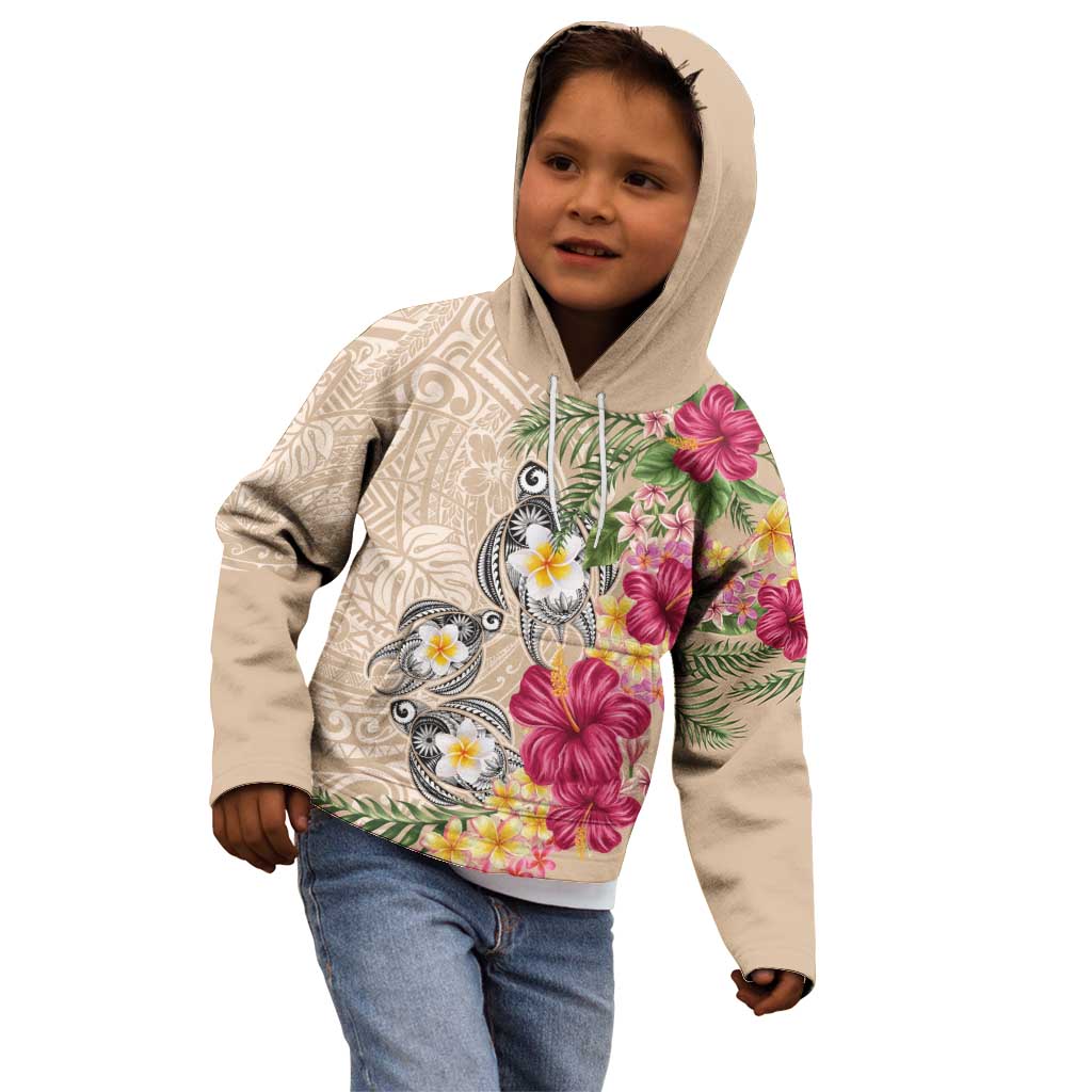 Hawaiian Tropical Flowers and Tribal Turtles Kid Hoodie Polynesian Art Motifs Beige Color - Polynesian Pride