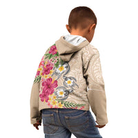 Hawaiian Tropical Flowers and Tribal Turtles Kid Hoodie Polynesian Art Motifs Beige Color - Polynesian Pride