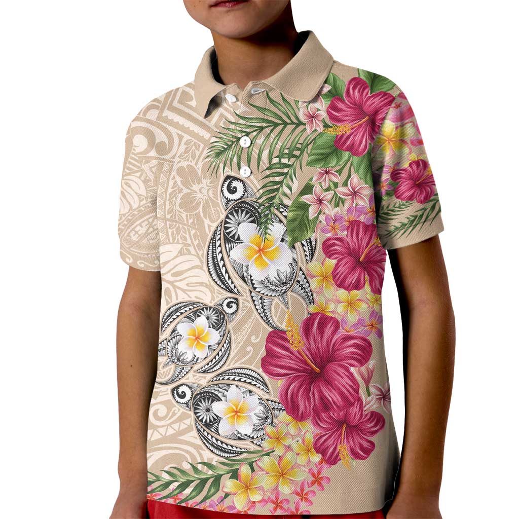 Hawaiian Tropical Flowers and Tribal Turtles Kid Polo Shirt Polynesian Art Motifs Beige Color - Polynesian Pride