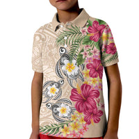 Hawaiian Tropical Flowers and Tribal Turtles Kid Polo Shirt Polynesian Art Motifs Beige Color - Polynesian Pride