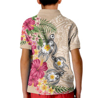 Hawaiian Tropical Flowers and Tribal Turtles Kid Polo Shirt Polynesian Art Motifs Beige Color - Polynesian Pride