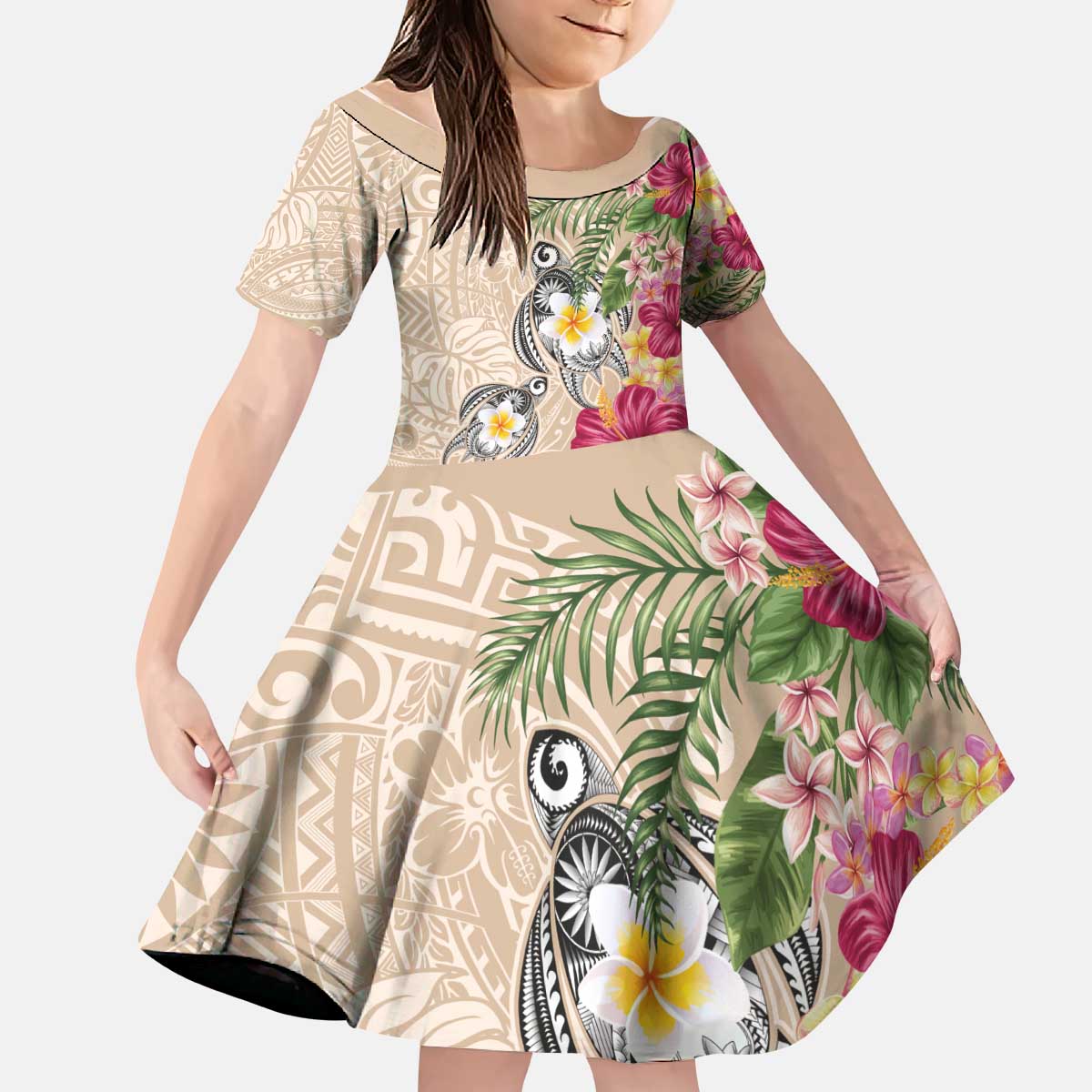 Hawaiian Tropical Flowers and Tribal Turtles Kid Short Sleeve Dress Polynesian Art Motifs Beige Color - Polynesian Pride