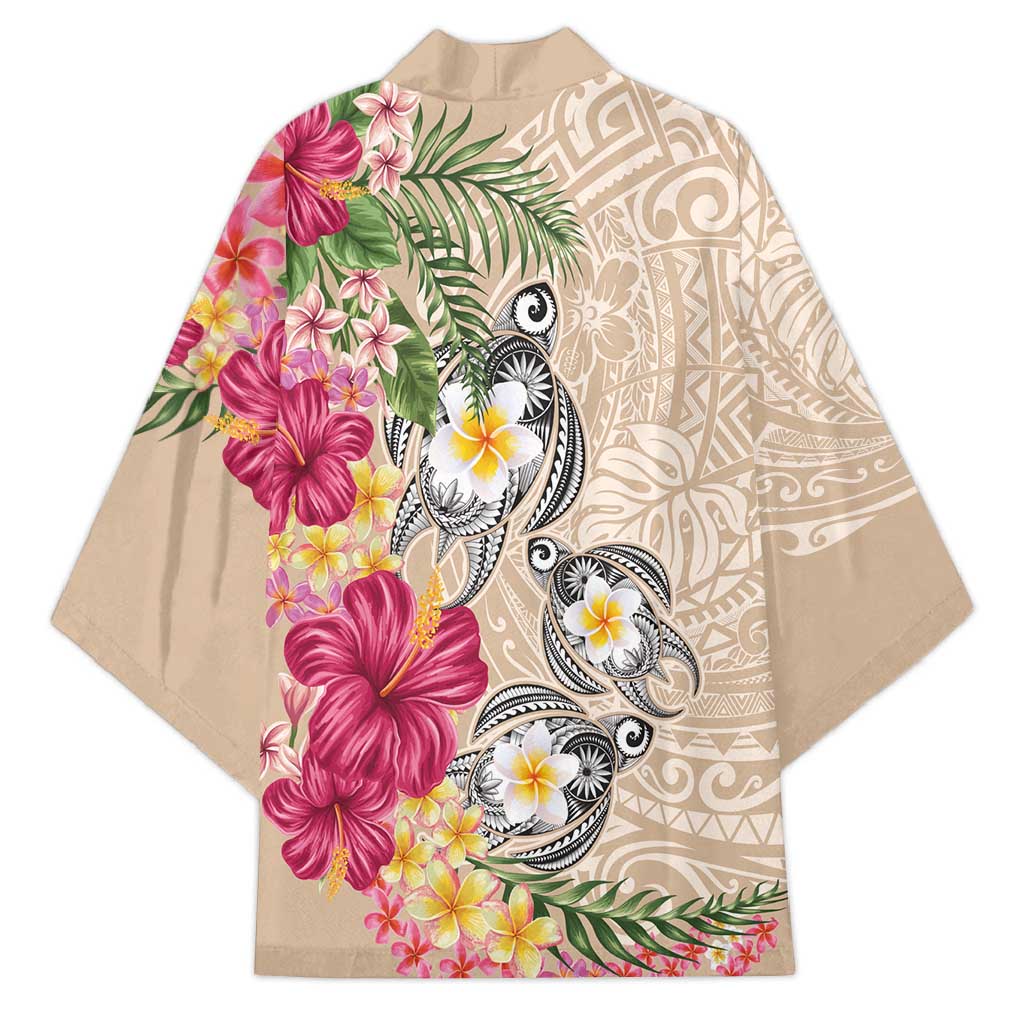 Hawaiian Tropical Flowers and Tribal Turtles Kimono Polynesian Art Motifs Beige Color - Polynesian Pride