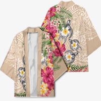 Hawaiian Tropical Flowers and Tribal Turtles Kimono Polynesian Art Motifs Beige Color - Polynesian Pride