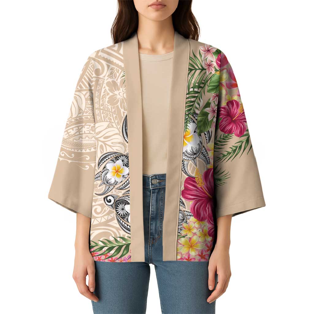 Hawaiian Tropical Flowers and Tribal Turtles Kimono Polynesian Art Motifs Beige Color - Polynesian Pride