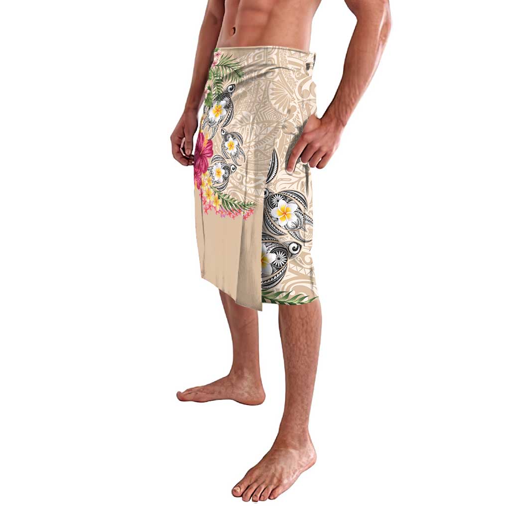 Hawaiian Tropical Flowers and Tribal Turtles Lavalava Polynesian Art Motifs Beige Color - Polynesian Pride
