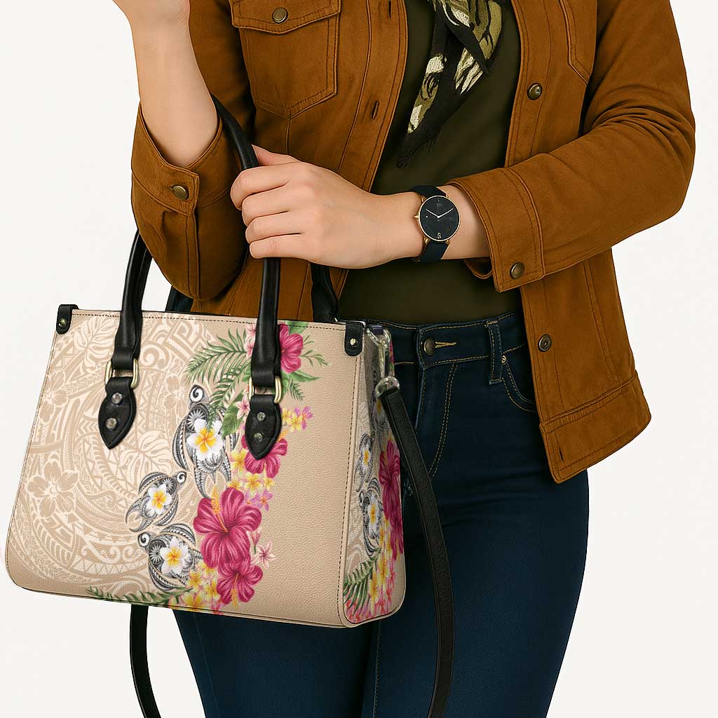 Hawaiian Tropical Flowers and Tribal Turtles Leather Bag Polynesian Art Motifs Beige Color - Polynesian Pride