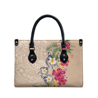 Hawaiian Tropical Flowers and Tribal Turtles Leather Bag Polynesian Art Motifs Beige Color - Polynesian Pride