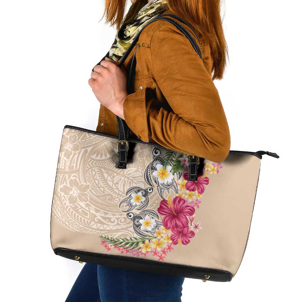 Hawaiian Tropical Flowers and Tribal Turtles Leather Tote Bag Polynesian Art Motifs Beige Color - Polynesian Pride