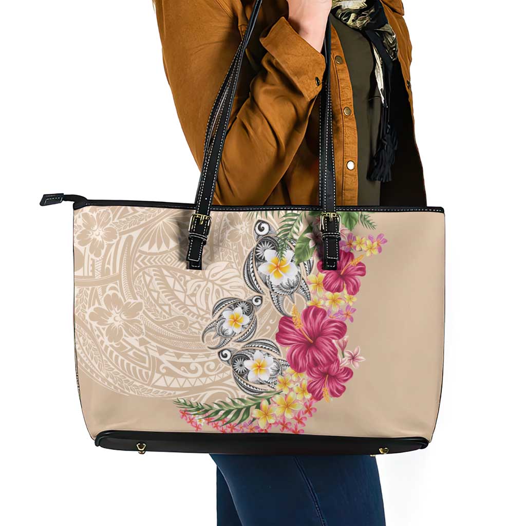 Hawaiian Tropical Flowers and Tribal Turtles Leather Tote Bag Polynesian Art Motifs Beige Color - Polynesian Pride
