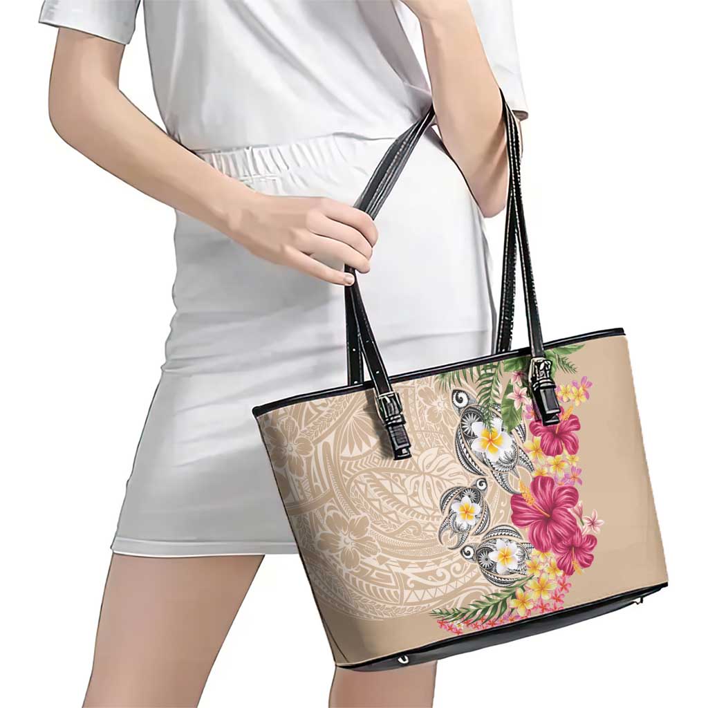 Hawaiian Tropical Flowers and Tribal Turtles Leather Tote Bag Polynesian Art Motifs Beige Color - Polynesian Pride