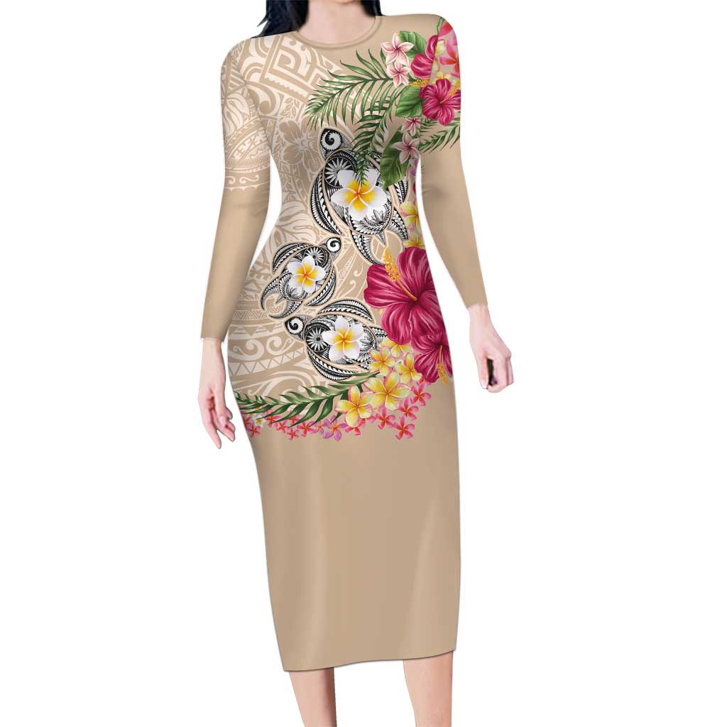 Hawaiian Tropical Flowers and Tribal Turtles Long Sleeve Bodycon Dress Polynesian Art Motifs Beige Color - Polynesian Pride