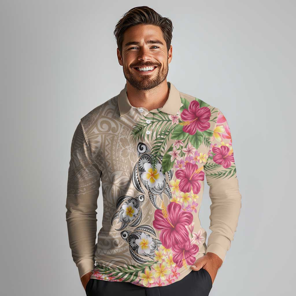 Hawaiian Tropical Flowers and Tribal Turtles Long Sleeve Polo Shirt Polynesian Art Motifs Beige Color - Polynesian Pride