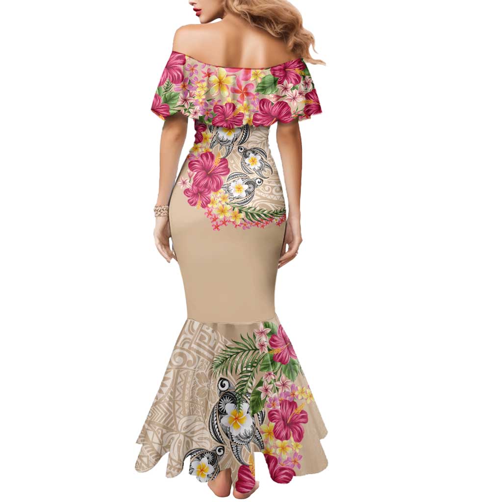 Hawaiian Tropical Flowers and Tribal Turtles Mermaid Dress Polynesian Art Motifs Beige Color - Polynesian Pride