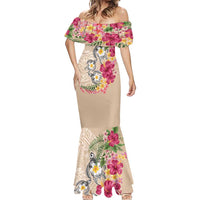 Hawaiian Tropical Flowers and Tribal Turtles Mermaid Dress Polynesian Art Motifs Beige Color - Polynesian Pride