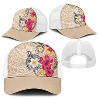 Hawaiian Tropical Flowers and Tribal Turtles Mesh Trucker Cap Polynesian Art Motifs Beige Color - Polynesian Pride