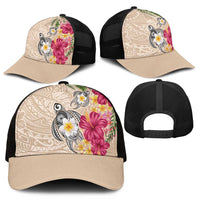 Hawaiian Tropical Flowers and Tribal Turtles Mesh Trucker Cap Polynesian Art Motifs Beige Color - Polynesian Pride