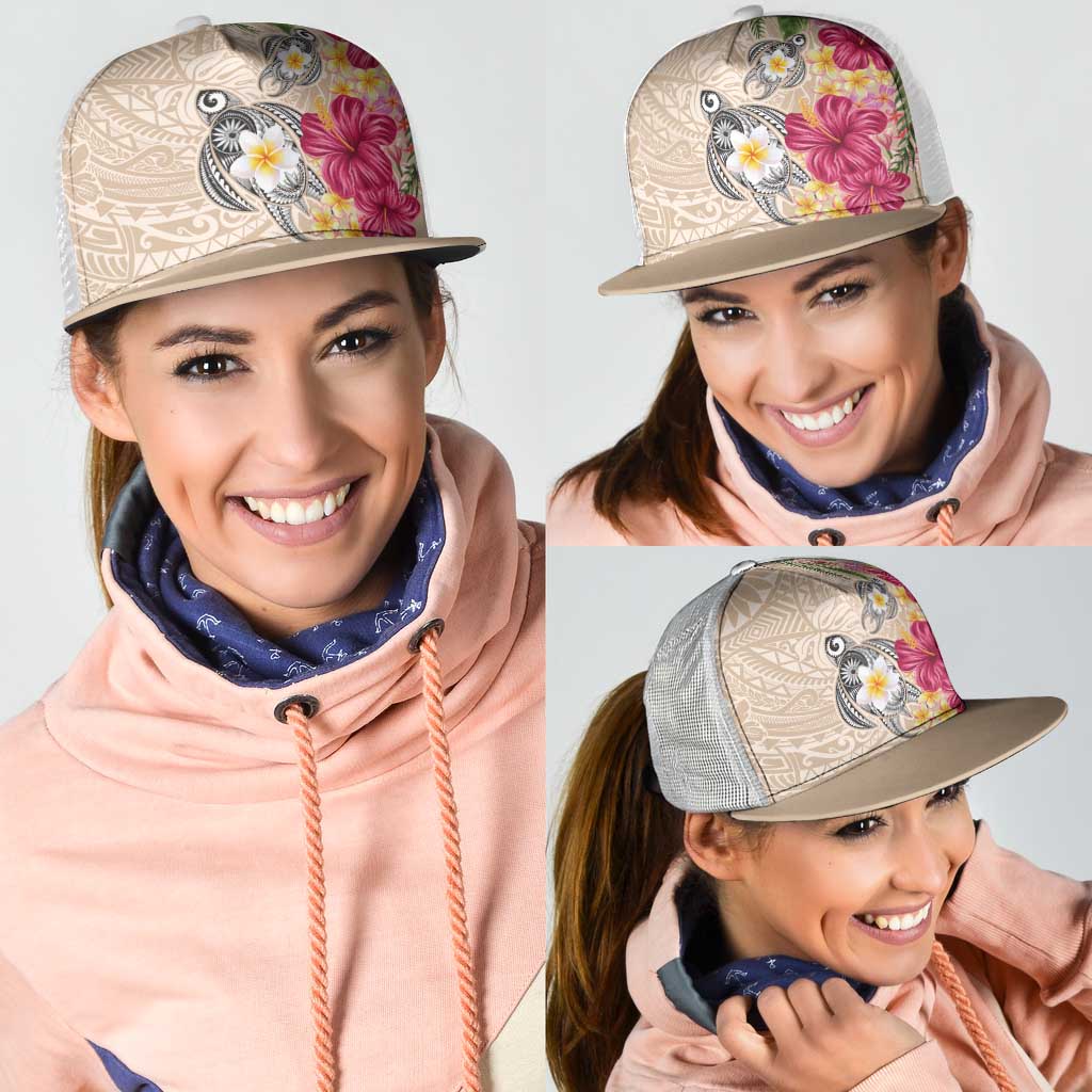 Hawaiian Tropical Flowers and Tribal Turtles Mesh Trucker Cap Polynesian Art Motifs Beige Color - Polynesian Pride