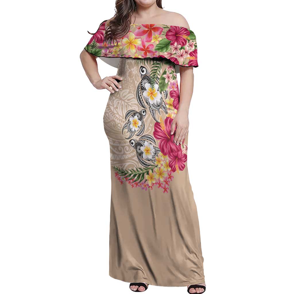 Hawaiian Tropical Flowers and Tribal Turtles Off Shoulder Maxi Dress Polynesian Art Motifs Beige Color - Polynesian Pride