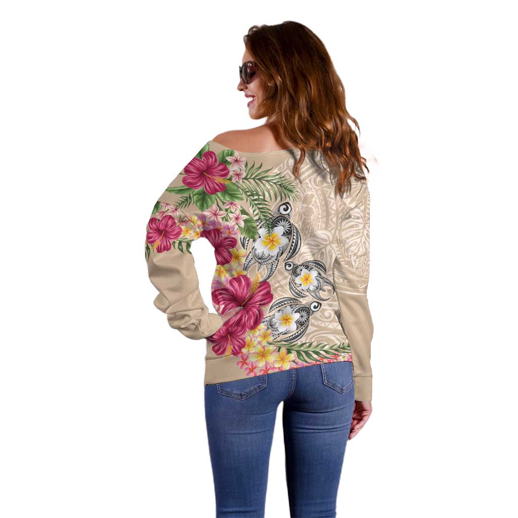 Hawaiian Tropical Flowers and Tribal Turtles Off Shoulder Sweater Polynesian Art Motifs Beige Color - Polynesian Pride