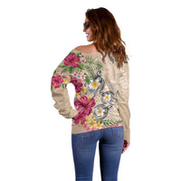 Hawaiian Tropical Flowers and Tribal Turtles Off Shoulder Sweater Polynesian Art Motifs Beige Color - Polynesian Pride