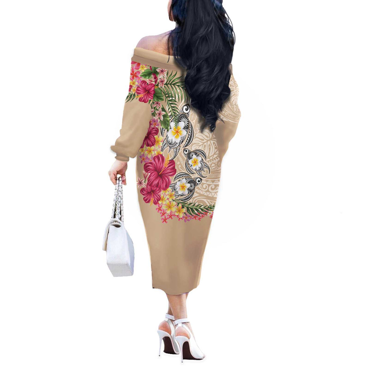 Hawaiian Tropical Flowers and Tribal Turtles Off The Shoulder Long Sleeve Dress Polynesian Art Motifs Beige Color - Polynesian Pride