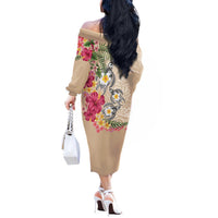 Hawaiian Tropical Flowers and Tribal Turtles Off The Shoulder Long Sleeve Dress Polynesian Art Motifs Beige Color - Polynesian Pride